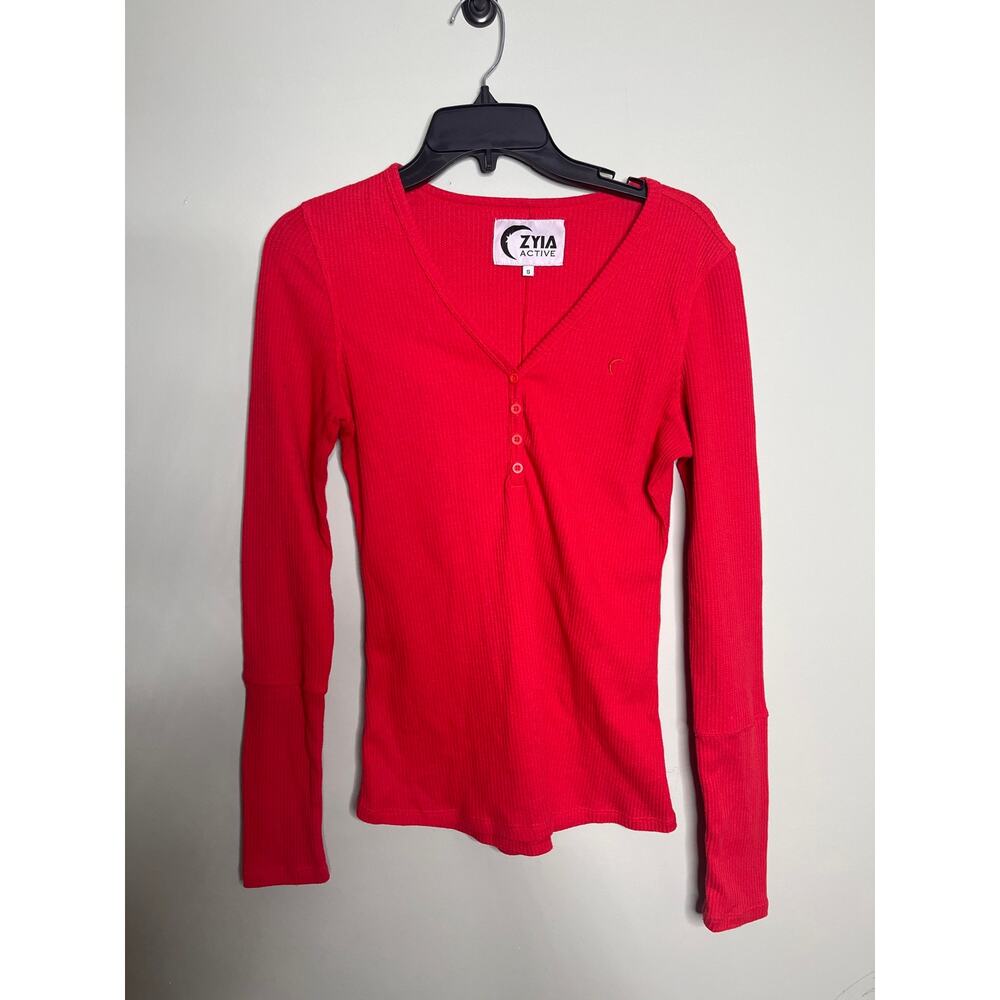 Zyia Active Red Long Sleeve Waffle Henley Small